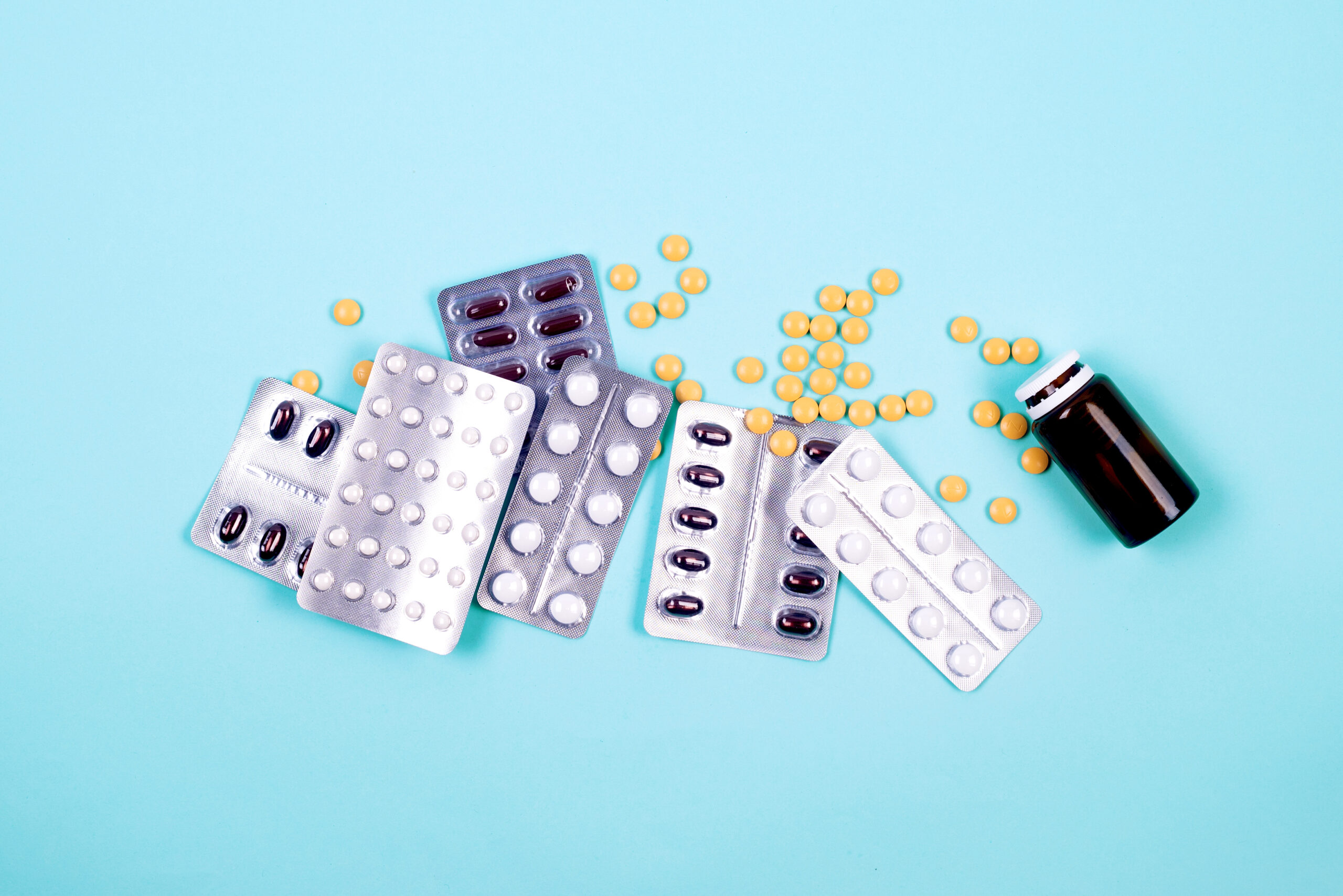 Many different pills and capsules.
